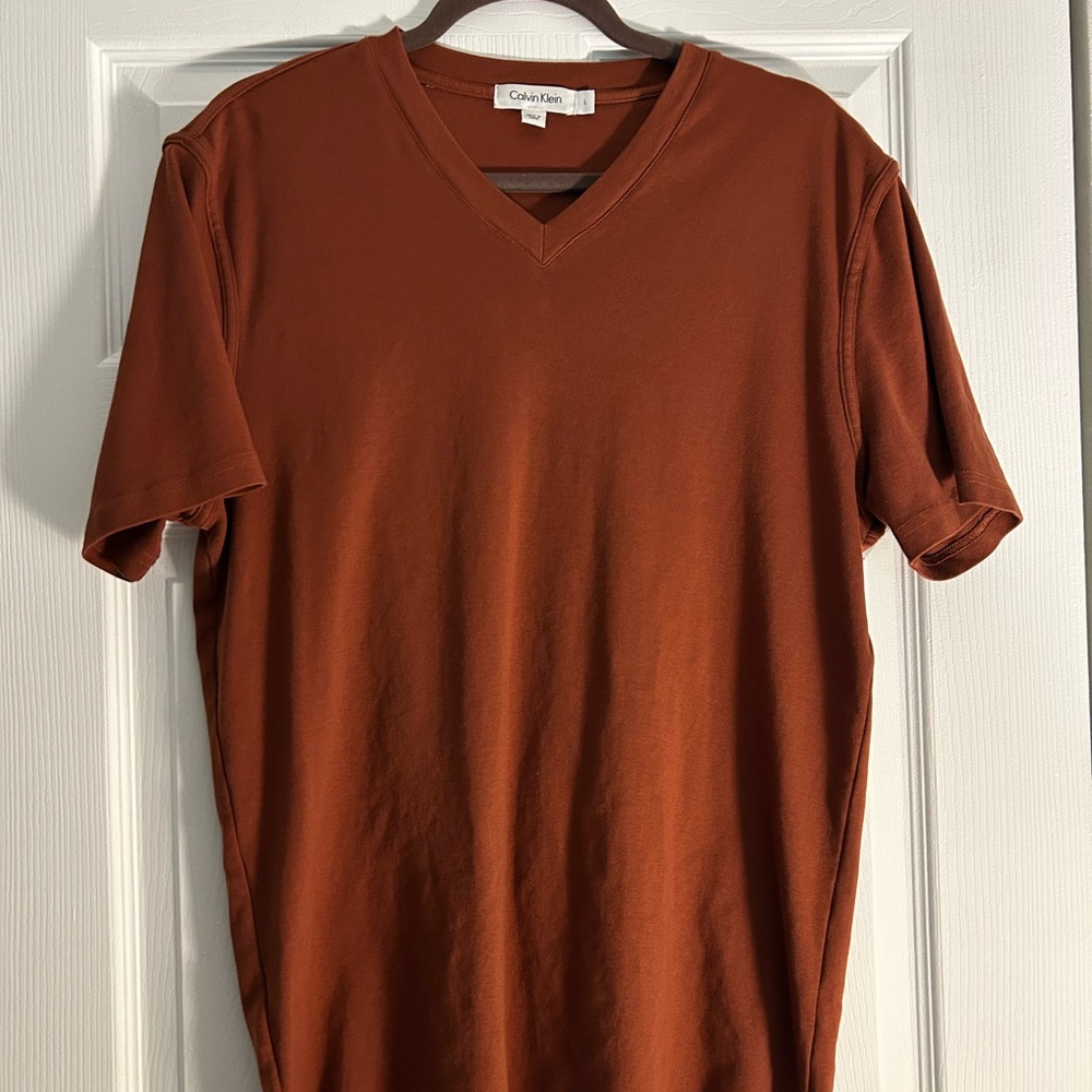 Calvin Klein Men's V-Neck Short Sleeve Tee in Rust